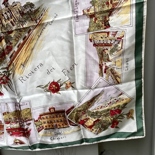 Italian Riviera Inspired Scarf 26x26 Square Cream Green Gold Red Pallet VINTAGE - Image 6