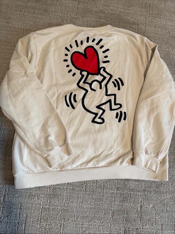 Keith Haring Cream 'LOVE' Heart Graphic Sweatshirt Crewneck Sz XL - Image 4