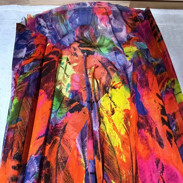 Cynthia Rowley Women Large Mesh High Low Maxi Dress Rainbow Feather Print Ruffle - Image 9
