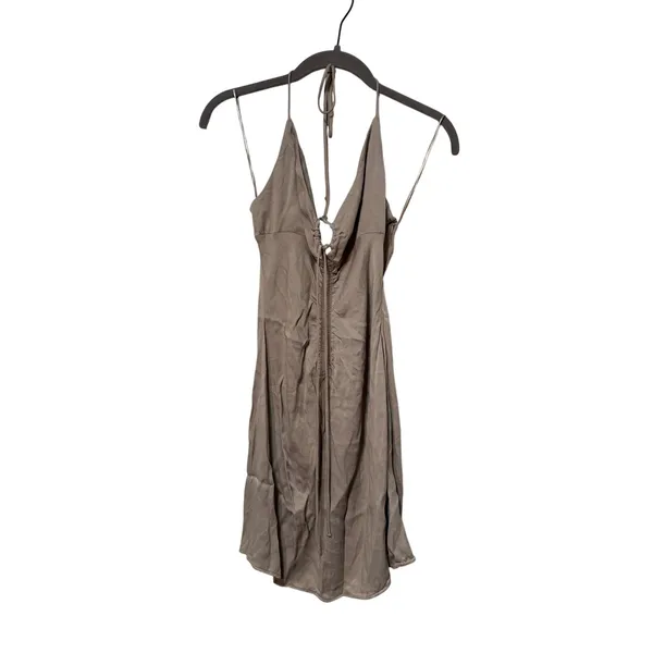Zara Taupe Halter Mini Dress Womens XS Open Back Ruched Tie A Line Made Turkey - Image 2