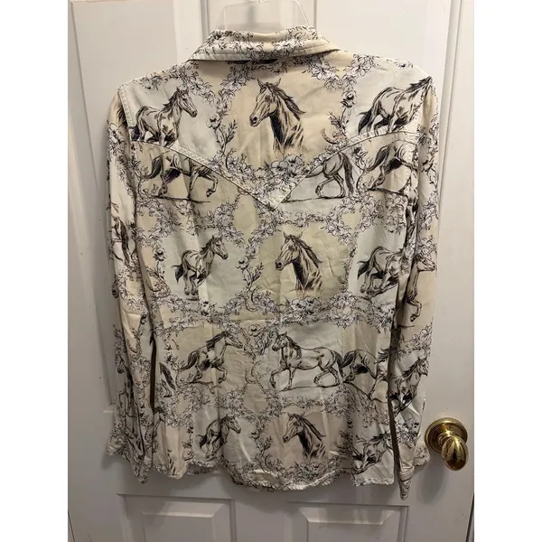 Wrangler Women Retro Western Pearl Snap Shirt Horse Print Cream Size Small S - Image 4