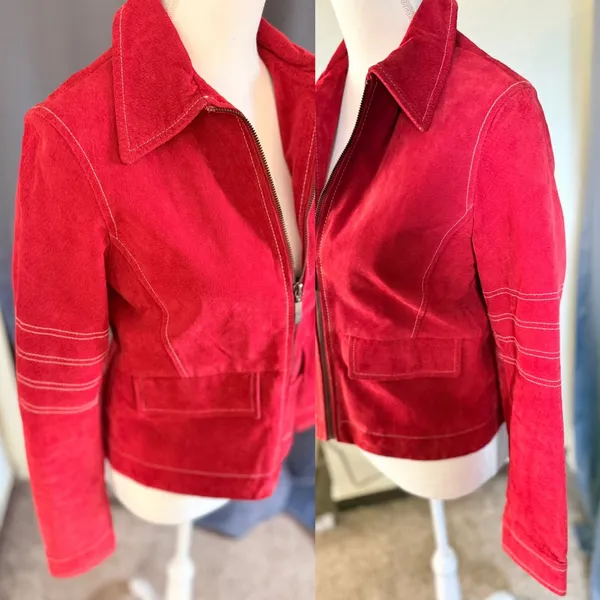 Olly London Moto Suede Zip Front Jacket Women Small Red - Image 7