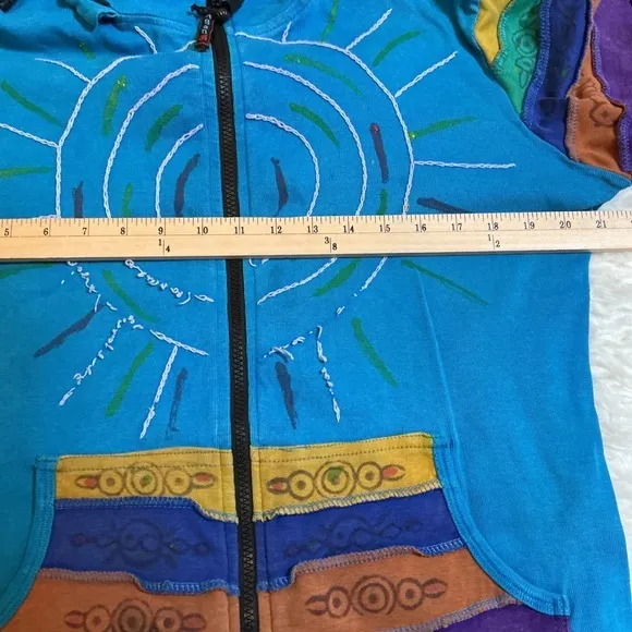 Agan Traders Patchwork Hoodie Women XL Blue Boho Sunburst Pixie Zip Up Excellent - Image 6
