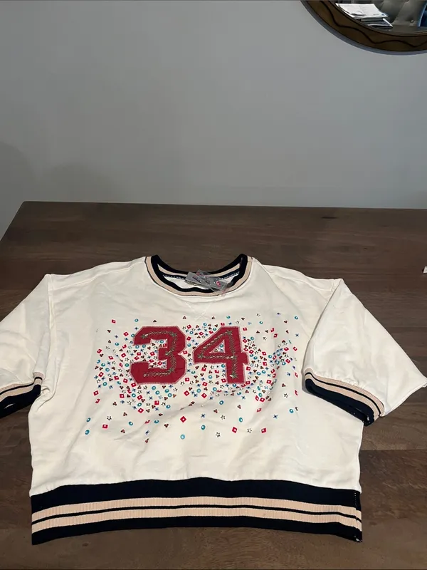 Anthropologie Cream Short-Sleeve Sweatshirt with Red '34' Graphic Sz S/P NWT - Image 2