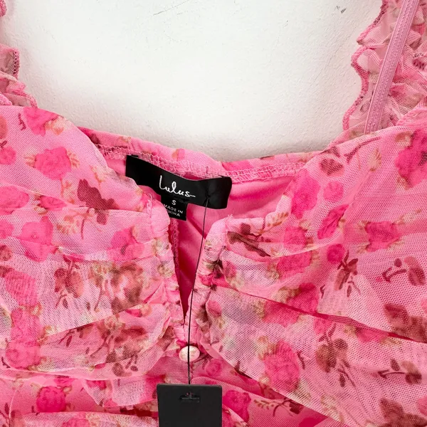 Lulus Flirtatious Sweetness Hot Pink Floral Ruched Ruffled Tank Top Small NWT - Image 6
