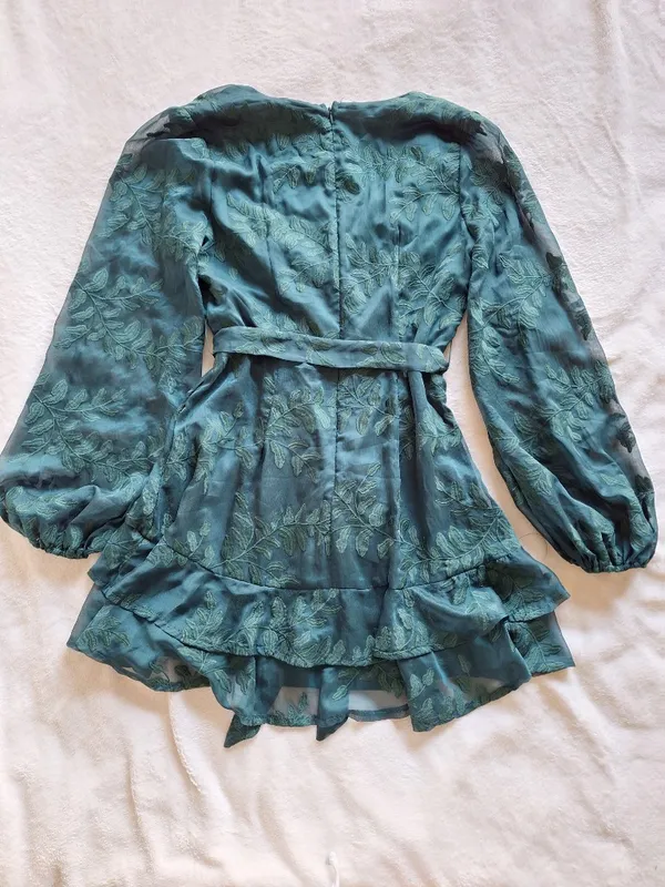 Lulus Green Leaf Embroidered Long Sleeve Tiered Mini Dress M - Image 12