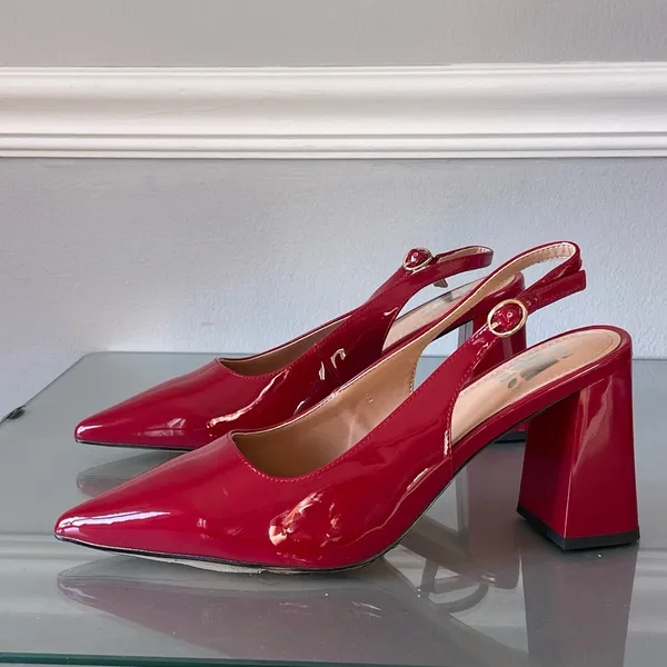 Women’s Red Patent Leather Slingback Block Heel Pumps Pointed Toe Size 8 NEW - Image 3