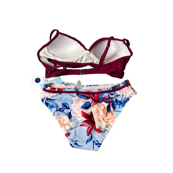 Cupshe Bikini Womens XS Burgundy Wrap Top Floral‎ Bathing Suit Two Piece NEW - Image 2