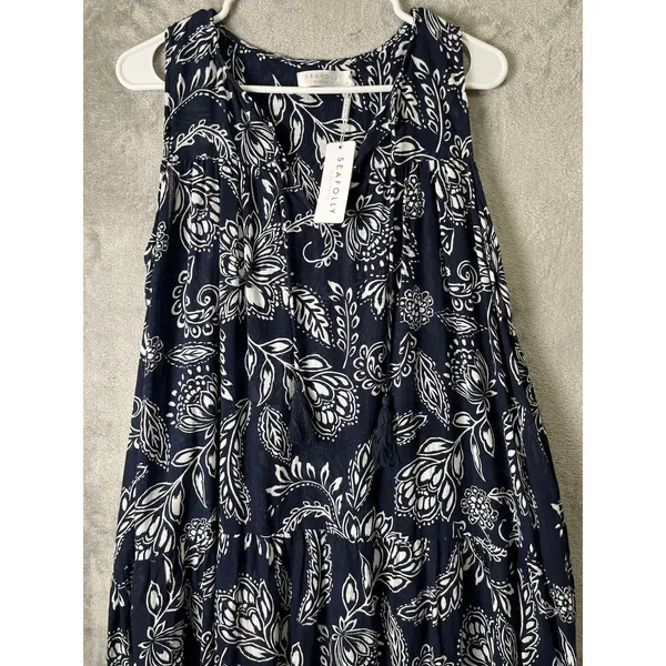 Seafolly Folklore Midi Dress True Navy Boho Coastal Resort Flowy Sundress MD New - Image 7