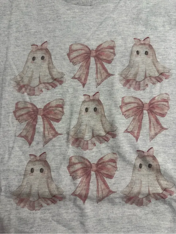 Gildan Ash Gray Tee with Pink Ghost & Bow Print - Image 5