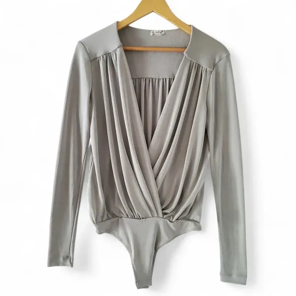 Free People Intimately Turnt Drapey Bodysuit Oxide Silver Longsleeve V - Image 6