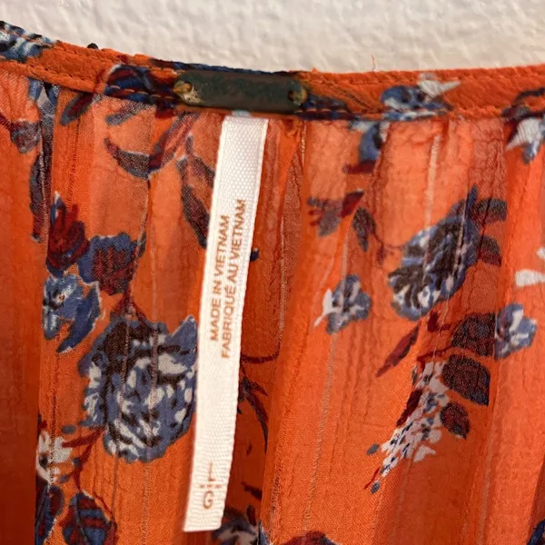 Free People Final Rose Blouse Rust Orange Floral Ruched Sweetheart Top Large - Image 9