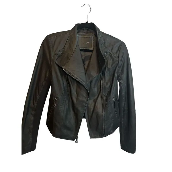 Women's S Andrew Marc New York Womens Black Leather Off Center Zip Jacket Coat p - Image 4