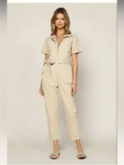 Skies Are Blue Short-Sleeve Beige Utility Jumpsuit - Image 2