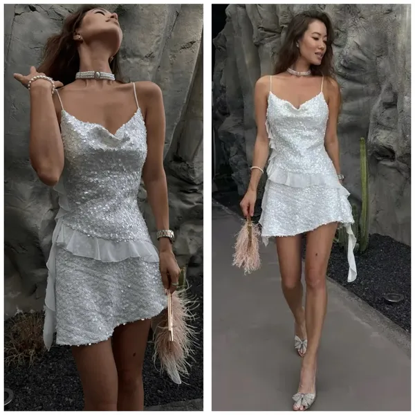 Zara White Sequin Ruffle Slip Mini Dress Size XS Bridal Cocktail 8306/732 - Image 2