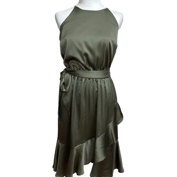 Jennifer Lopez Halter Ruffle Satin Dress Olive Green Cocktail Party Wedding‎ S - Image 2