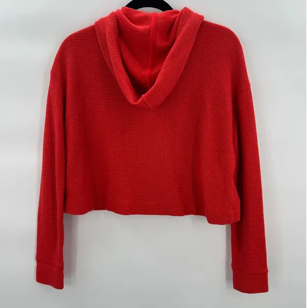 Athleta Womens Red Waffle Knit‎ Oversied Baggy Cropped Hoodie Sweatshirt XXS - Image 3