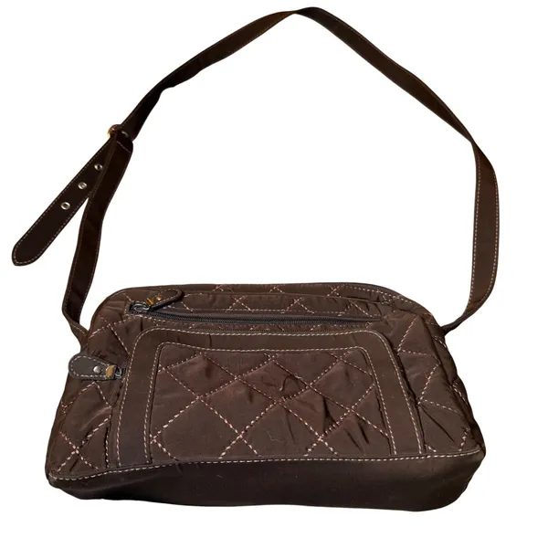 Vera Bradley Brown Microfiber Quilted Shoulder Bag Floral Lining Zip Pockets - Image 2
