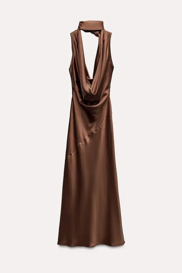 Zara dress gown maxi halter scarf satin plunge neck Brown Evening Wedding - Image 6