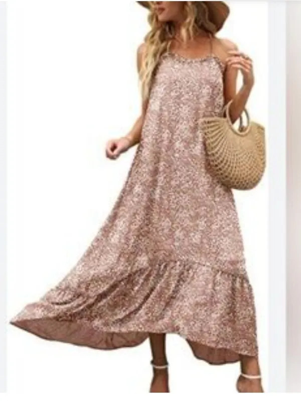 Flawless Maxi Slip Dress with Delicate Flower Print - Taupe Size Small Oversized Look - Image 2