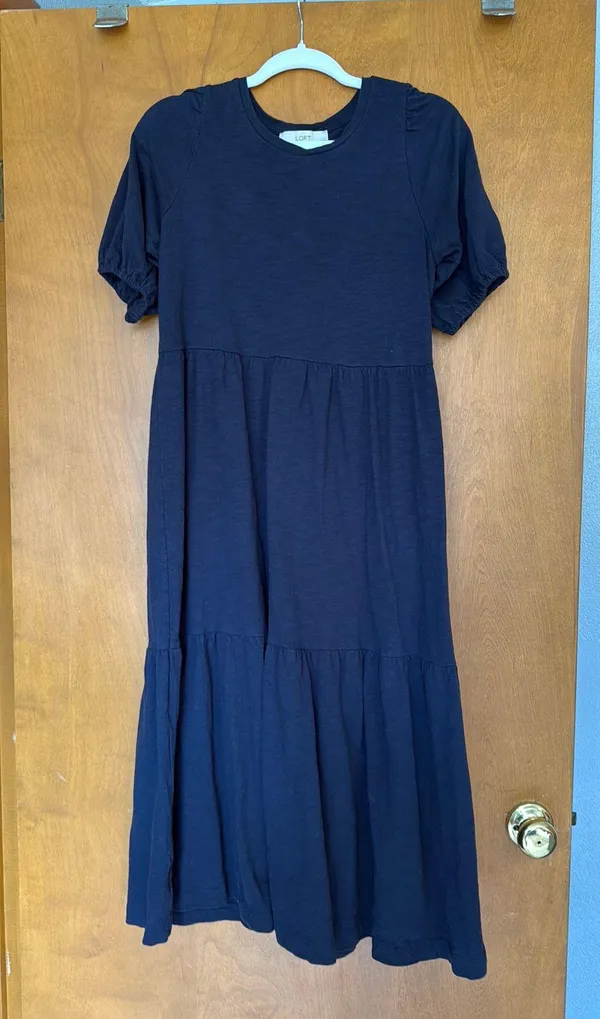Loft Navy Midi Dress puff sleeve tiered M - Image 2