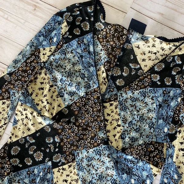 Y2k vintage boho floral patchwork blouse long sleeve blue brown tan large - Image 3
