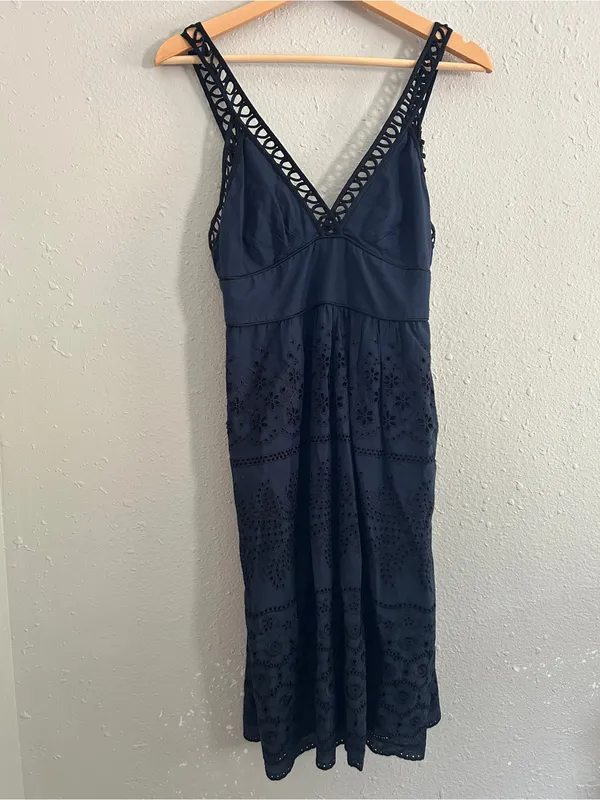 Cynthia Steffe Navy Eyelet Midi Dress with Crochet Trim Formal Wedding Guest 2 - Image 2