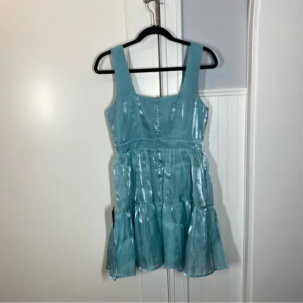 Lulus Thriving Darling Shiny Teal Blue Mermaidcore Sleeveless Tiered Mini‎ dress - Image 8