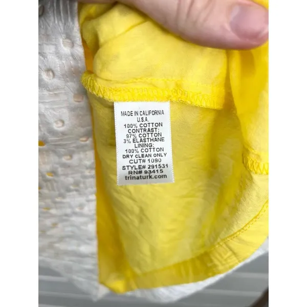 Trina Turk White Eyelet Bell Sleeve A-Line Dress Size 8 Yellow Lining Cotton - Image 12