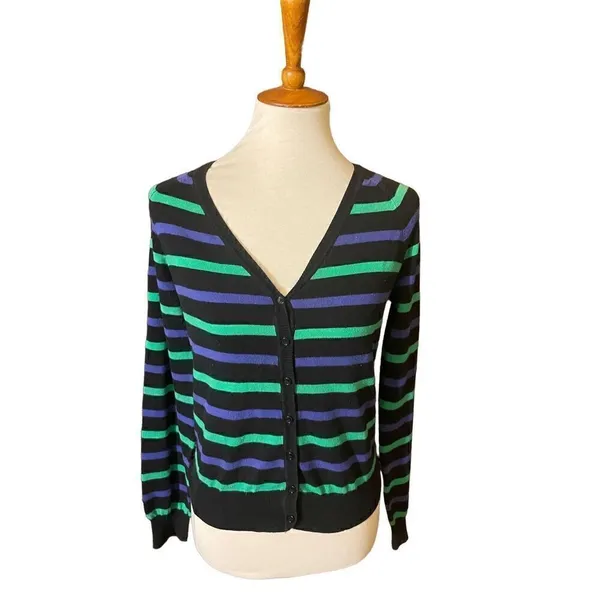 XXI Womens Cardigan Sweater Stripe Long Sleeve Button Front V Neck Blue Large - Image 8