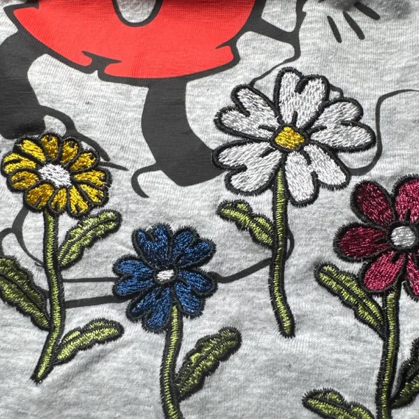 Disney Mickey Mouse Graphic Tee Grey Embroidered‎ Flowers Butterflies Women's XS - Image 7