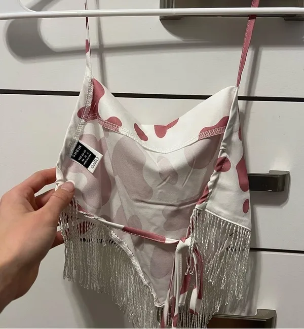 White & Pink Cow Print Halter Tank Top - Image 4