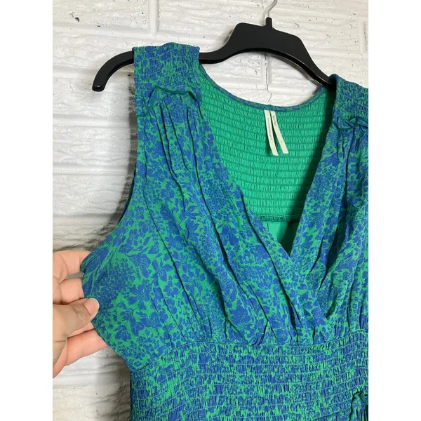Anthropologie‎ green blue floral tiered maxi dress v-neck sleeveless women small - Image 3