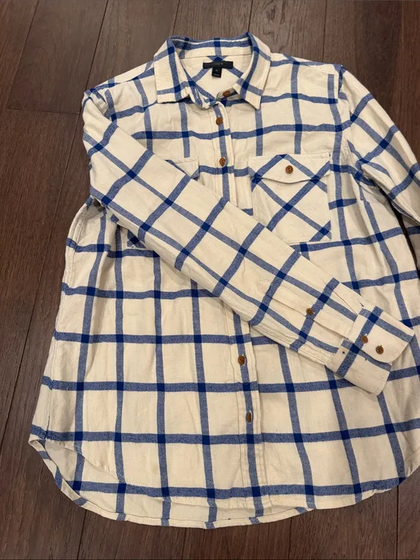 J. Crew Cream and Blue Large Windowpane Button-Down Shirt Size 10 - C1-612 - Image 4
