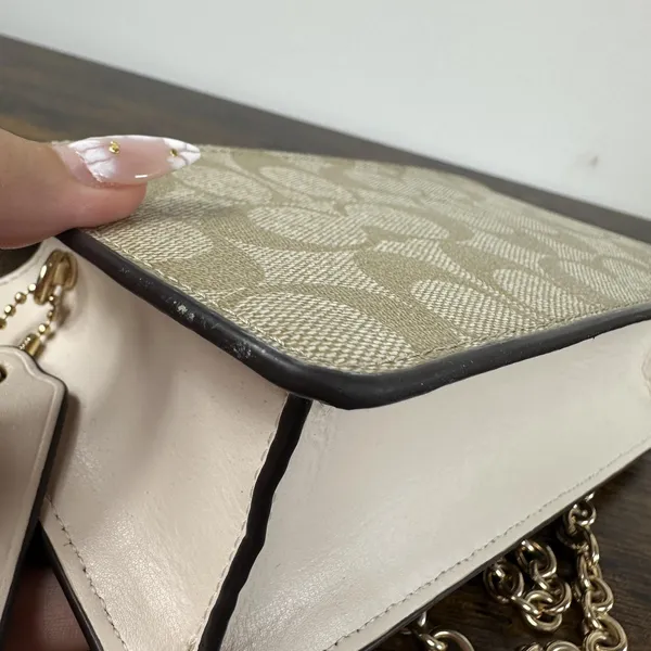 Coach Signature Crossbody Bag Womens Small White Leather Canvas Chain Strap - Image 11