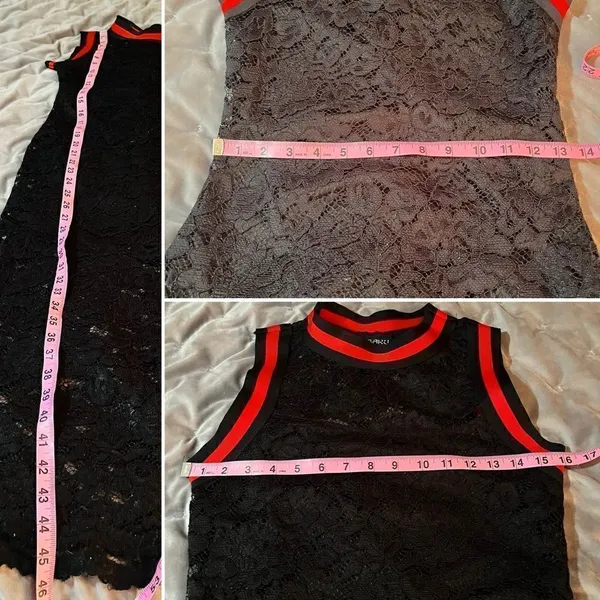 BAKU Fitted Black Lace Midi Dress Red Stripe Trim S - Image 11