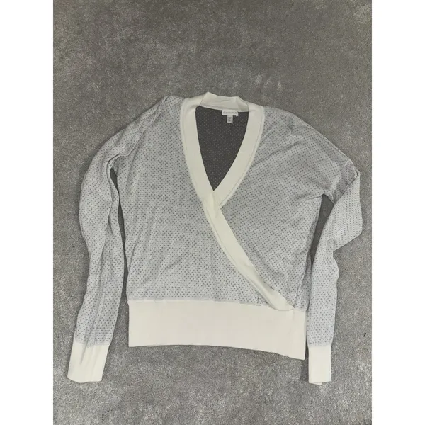 Garnet Hill White Tendu Surplice Neckline Pima Cotton Wrap Front Sweater size S - Image 4