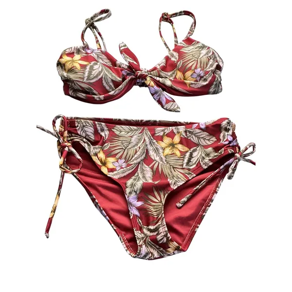 Aeropostale‎ Womens Burgundy Tropical Floral Tie Front Bikini Set XS 8169 - Image 7