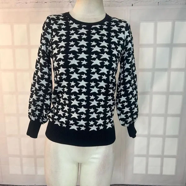 Parker Black and Silver Star Crewneck Long Sleeve Sweater Size Medium - Image 5
