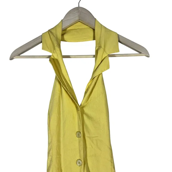 SNDYS Halter Button Front Mini Dress Butter Yellow Brunch Chic Spring Size S - Image 4