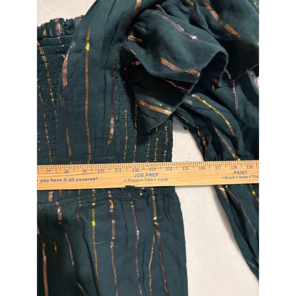 Farm Rio Anthropologie Green Metallic Striped One Shoulder Wide Leg Jumpsuit NEW - Image 4