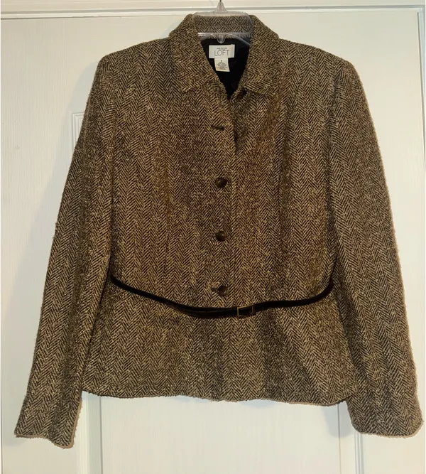 Ann Taylor loft brown tweed wool blazer jacket with belt - Image 3
