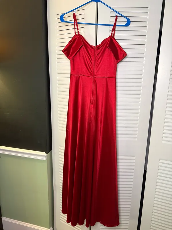 City Studios Red Satin Off The Shoulder Maxi Dress - Image 5