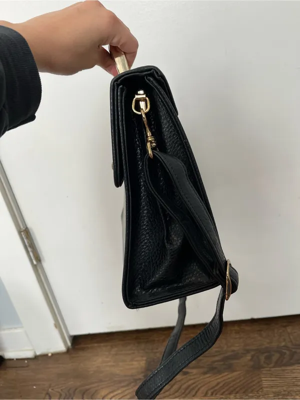 Vintage Black Pebbled Leather Satchel with Gold Hardware briefcase office - Image 4