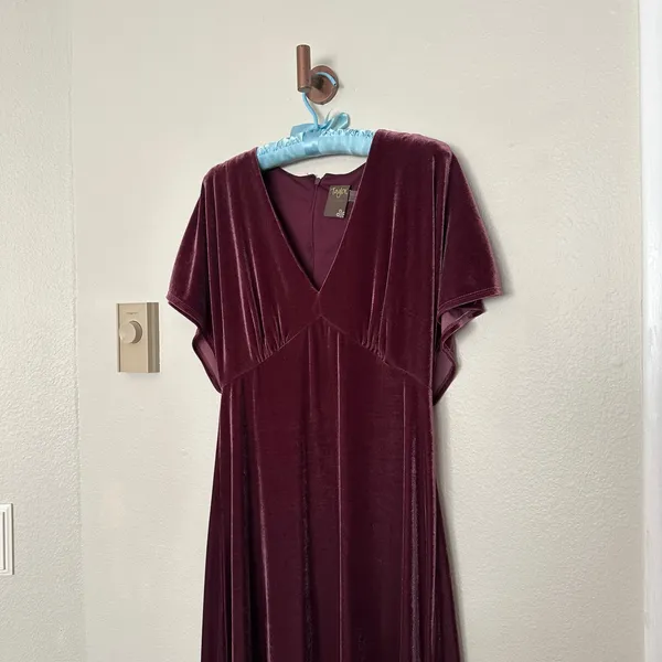 Taylor Sz 10 Midi Dress womens Purple Plum Velvet Empire Waist Flutter Sleeves - Image 2