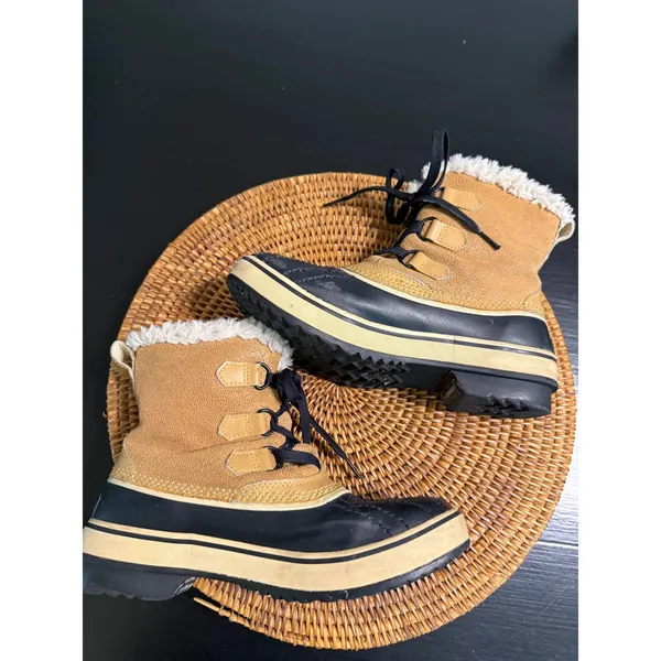 Sorel Winter Carnival Waterproof Tan Black Faux Fur Snow Duck Boots Womens‎ 7 - Image 9
