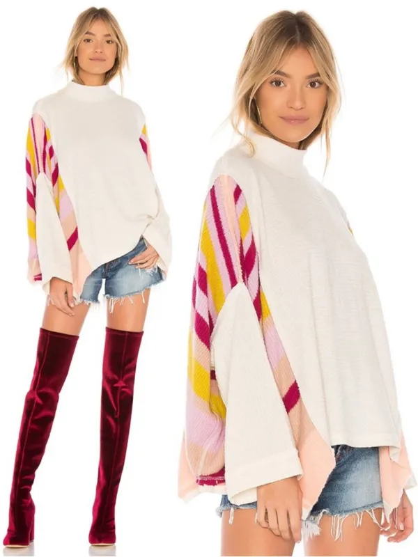 Free People Susie Swit Oversized Pullover Sweater M Mockneck Colorful Striped - Image 2