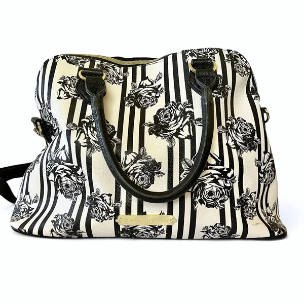 Betsey Johnson Blue Bow Faux Leather Floral Stripe Dome Satchel Bag Handbag - Image 3