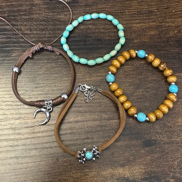 Bohemian Turquoise Beaded & Leather Bracelet Set - Image 2