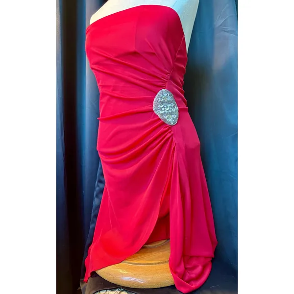 Red Strapless Ruched High Low‎ Evening Gown with Crystal Brooch Accent - Image 5